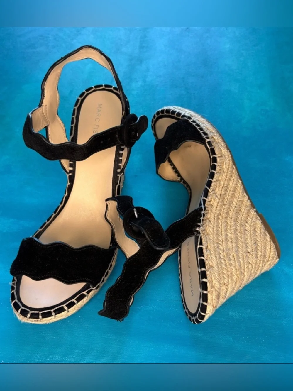 Marc Fisher Kai Black Suede Scalloped Espadrille Wedges Platform Sandals Shoes